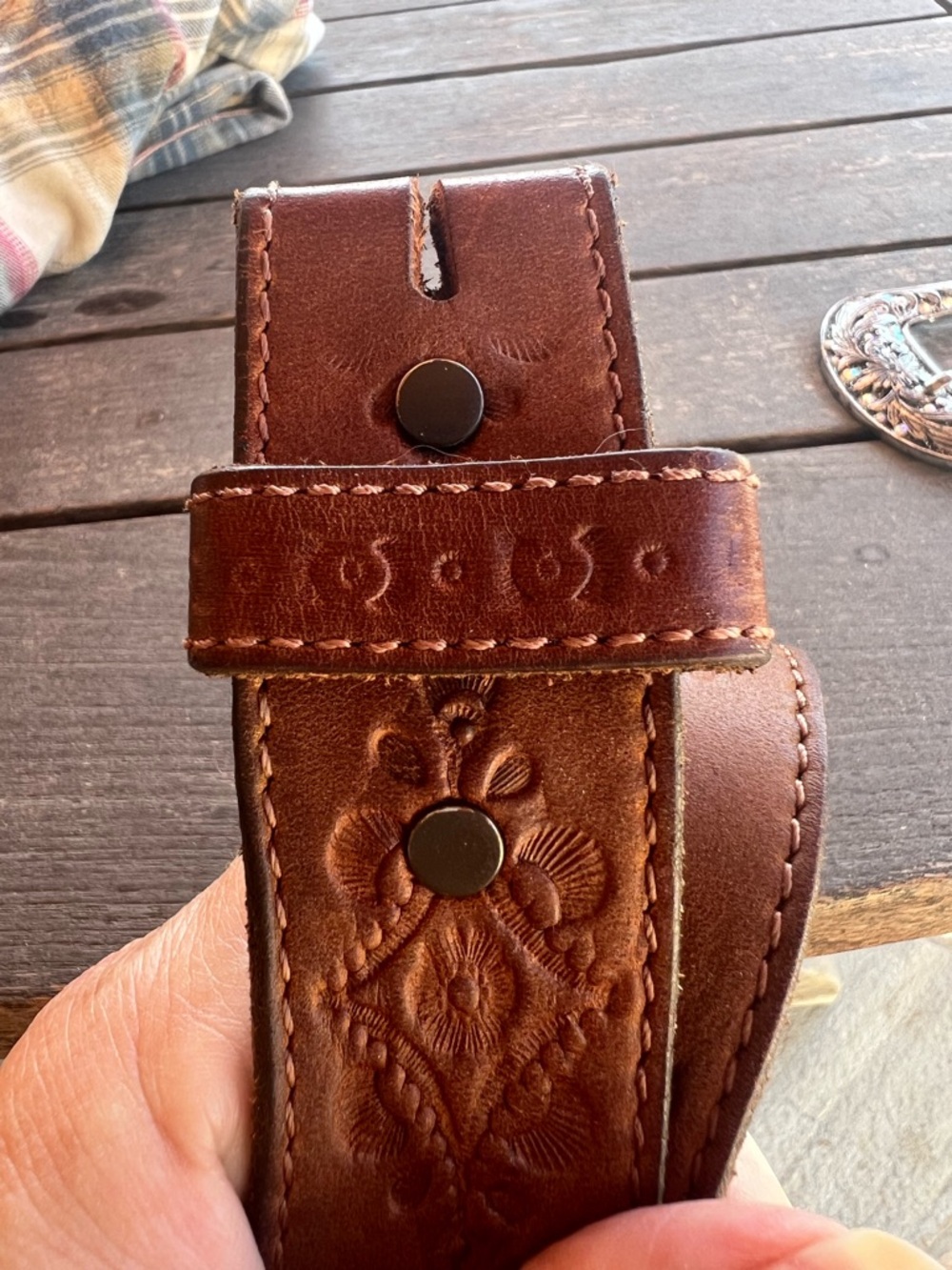 Justin Tooled Leather Western Belt Sz L / 34 Removable Rhinestone Scroll Buckle - Picture 6 of 14